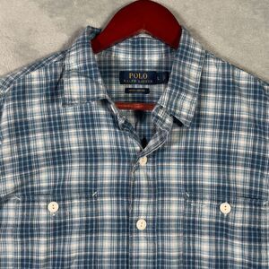 Ralph Lauren ShirtMens Large Blue Plaid Indigo Oxford Long Sleeve Button Up Work